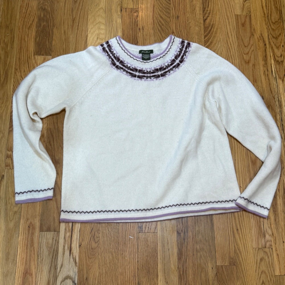 Eddie Bauer Womens XL Lambswool Angora Fair Isle Sweater Cream Purple Raglan